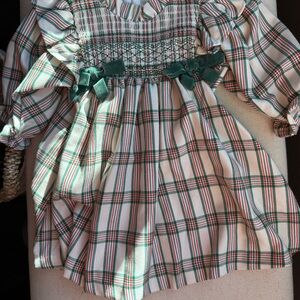 Bonnie Baby Red Green White Plaid Smocked Dress with Velvet Bows